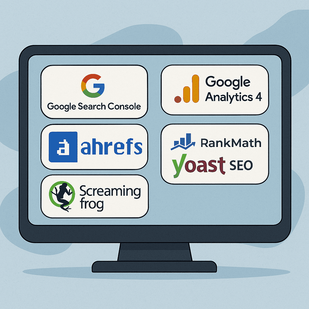 herramientas seo google search console analytics ahrefs semrush screaming frog rankmath yoast