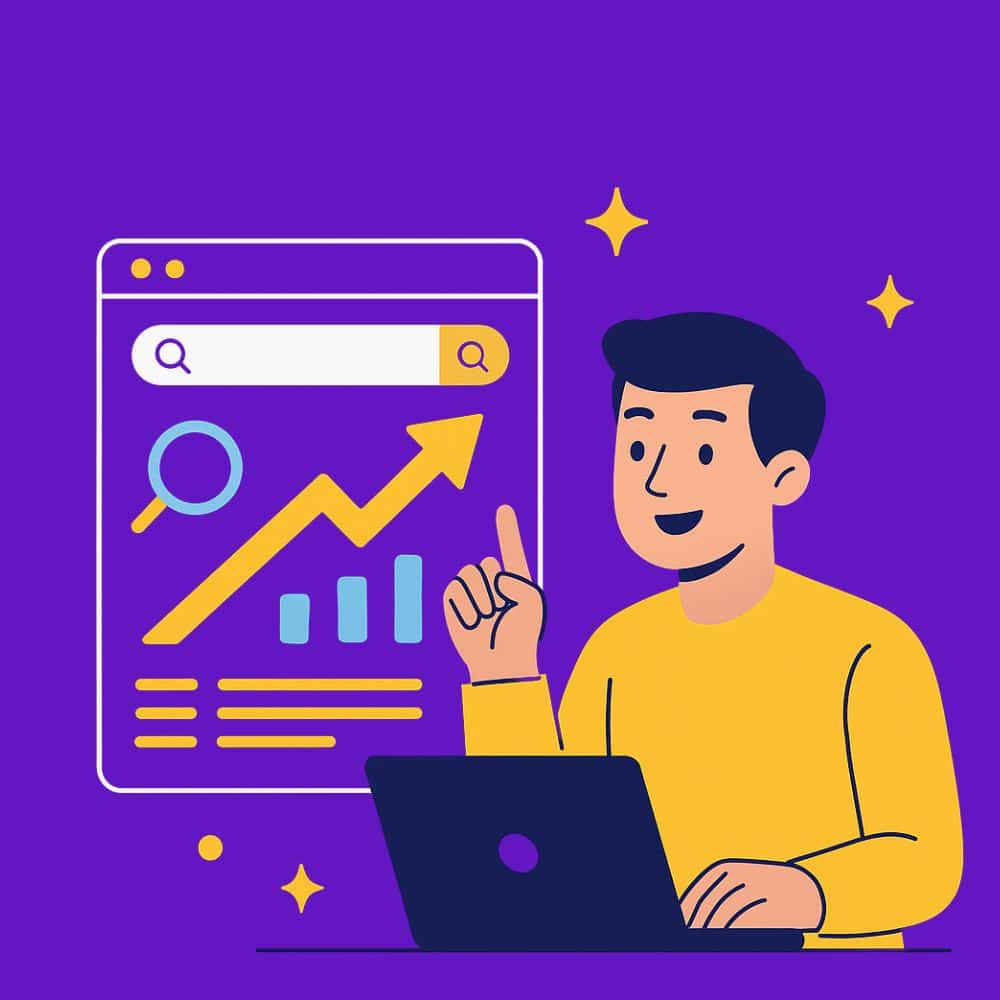 seo en lima agencia creallo ilustracion hero caricatura con buscador google grafico crecimiento y skyline lima (1)