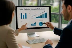 Análisis de datos y resultados de campañas digitales en una pantalla