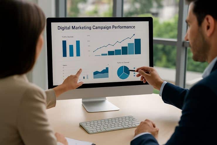 Análisis de datos y resultados de campañas digitales en una pantalla