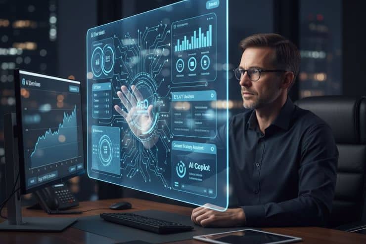Analista digital trabajando en tablero de AEO con datos y gráficos generados por IA.