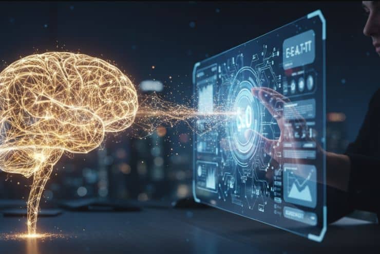 Cerebro humano fusionándose con un chip de IA para estrategia de SEO y AI.
