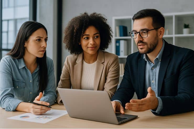 Diseñadores y estrategas trabajando en proyectos de marketing y creatividad