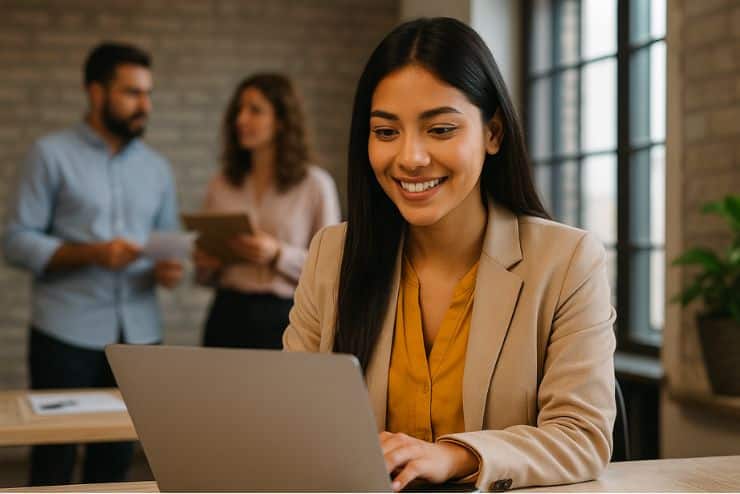 Profesionales revisando el crecimiento de una marca con estrategias online