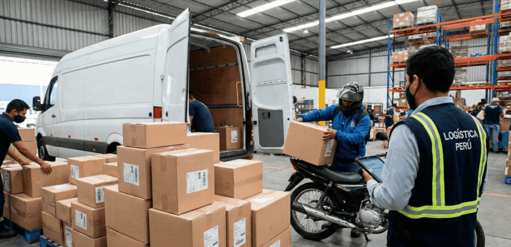Centro de distribución logística en Perú mostrando la operación de envíos e-commerce con furgonetas para courier nacional y motorizados para última milla