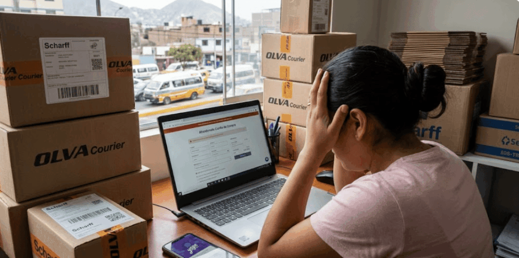 Dueña de negocio e-commerce en Perú frustrada frente a su laptop por la caída de ventas debido a errores de UX en el checkout, con cajas de logística y celular con Yape en el escritorio