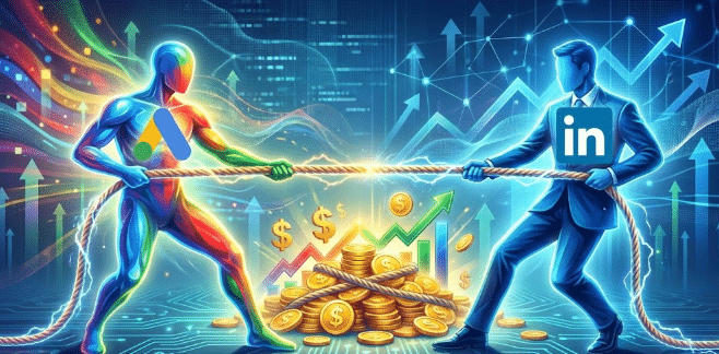 Ilustración conceptual de la competencia entre Google Ads vs LinkedIn Ads por la rentabilidad y el presupuesto B2B