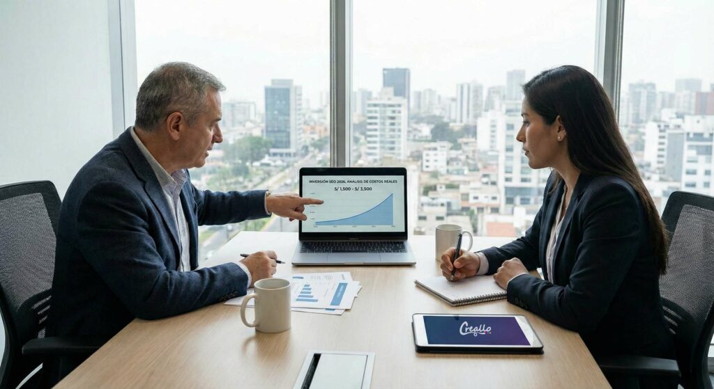Consultor SEO de Creallo explicando estructura de costos y rentabilidad a gerente en oficina en Lima