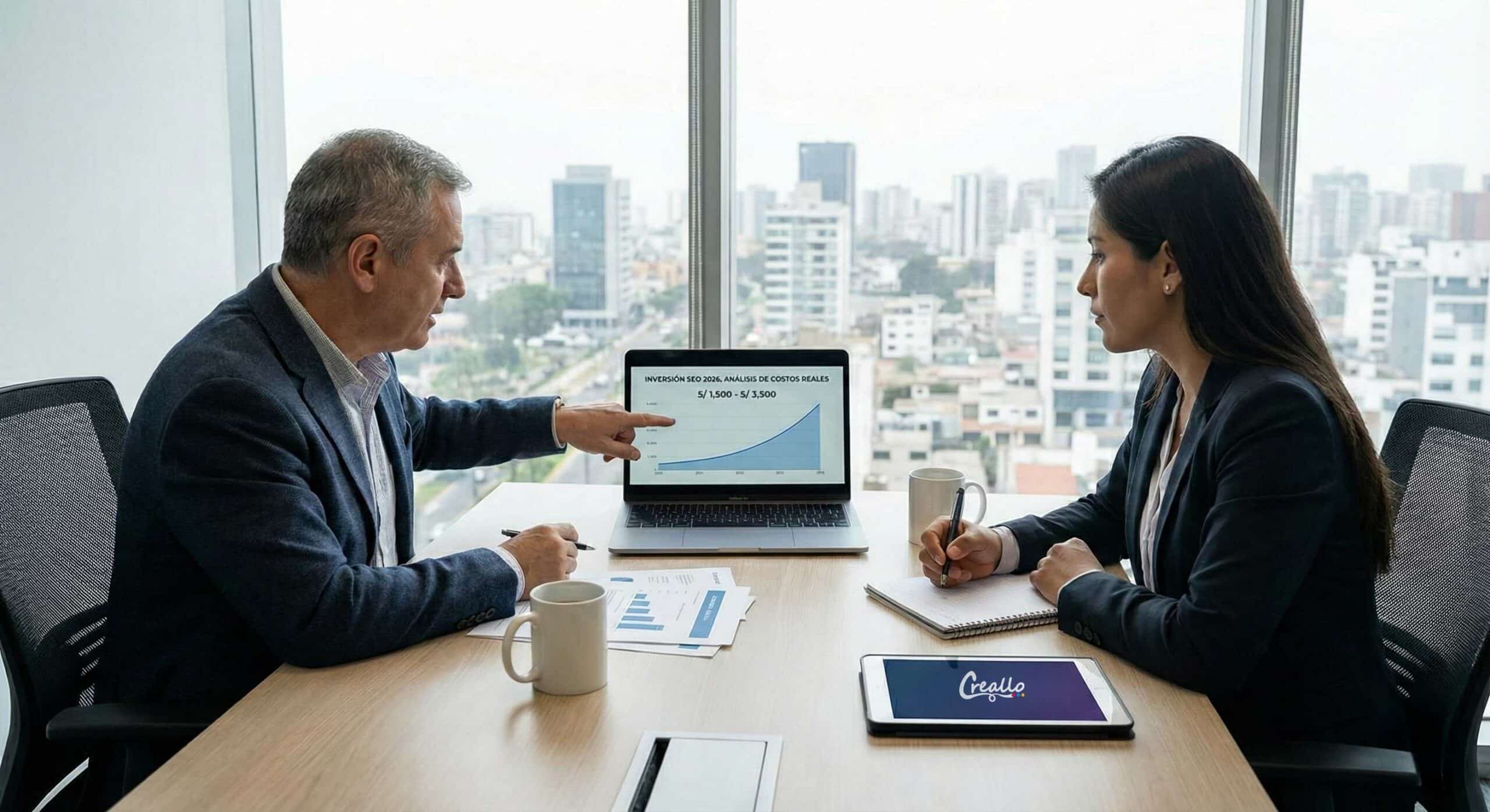 Consultor SEO de Creallo explicando estructura de costos y rentabilidad a gerente en oficina en Lima