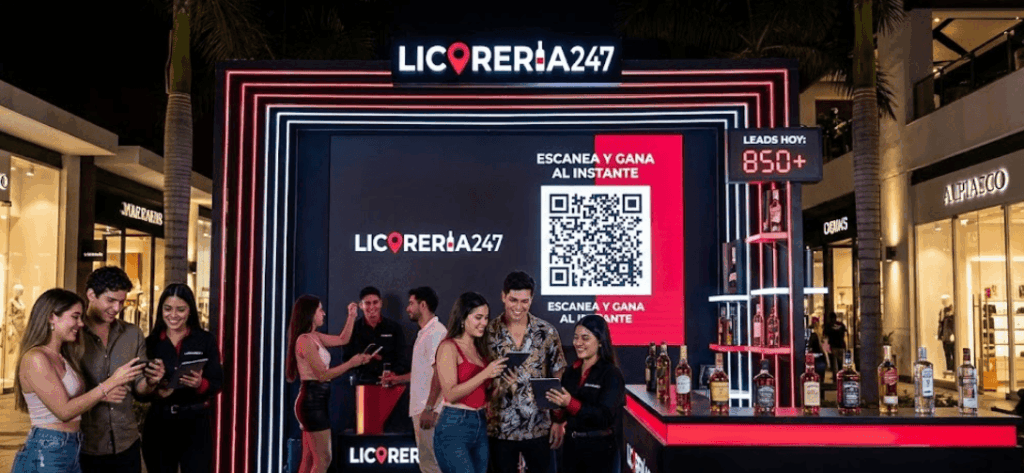 Activación BTL Phygital de Licoreria247.pe en el Boulevard de Asia con stand tecnológico de luces neón, pantallas LED y anfitriones capturando leads con tablets