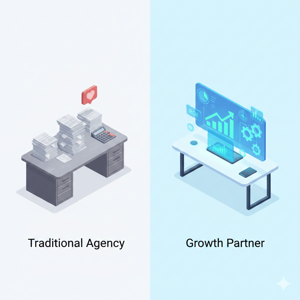 Gráfico comparativo que ilustra las diferencias clave entre una Agencia Tradicional (enfocada en likes y reportes estáticos) y un Partner de Crecimiento como Creallo (enfocado en leads, ROI y data en tiempo real), con iconos de check y equis.