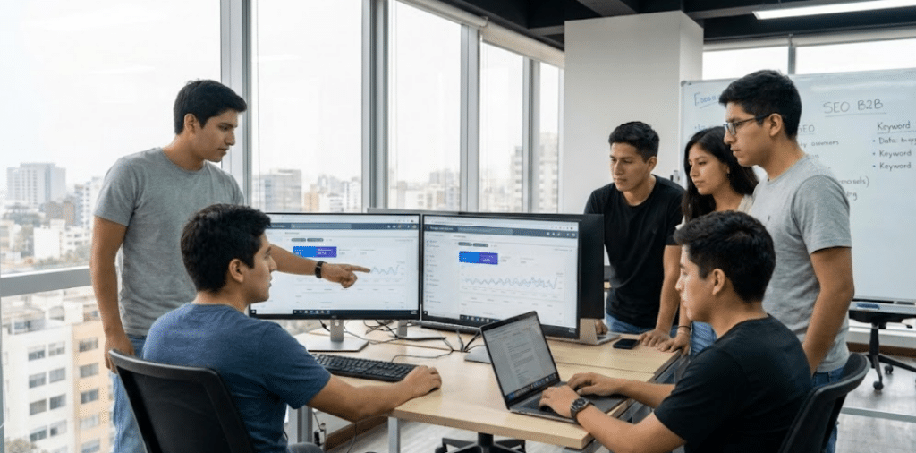 Jóvenes analistas de un equipo in-house de marketing digital en Perú revisando métricas de rentabilidad en la oficina