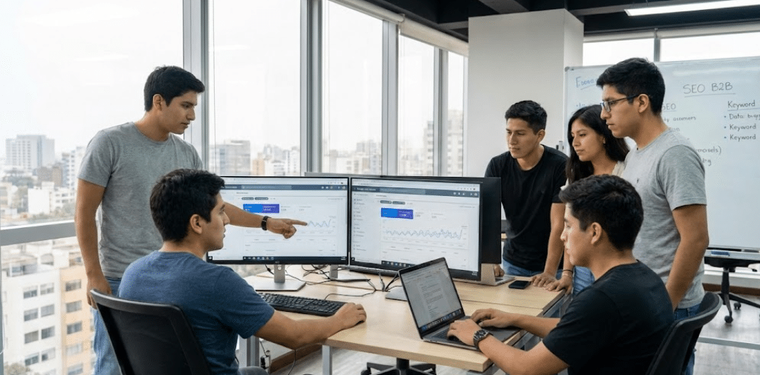 Jóvenes analistas de un equipo in-house de marketing digital en Perú revisando métricas de rentabilidad en la oficina