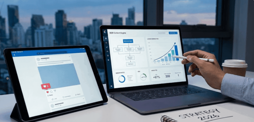 Estratega B2B analizando un tablero de datos complejo que muestra un sistema de marketing de contenidos técnico generando leads cualificados (MQLs) y crecimiento en el embudo de ventas, en contraste con métricas superficiales de "likes" en redes sociales.