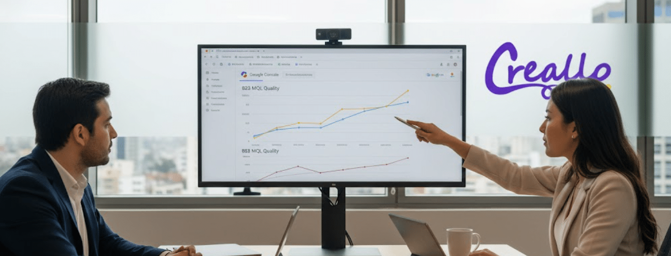 Especialista SEO explicando métricas de una estrategia SEO B2B a un gerente comercial en una oficina corporativa en Lima