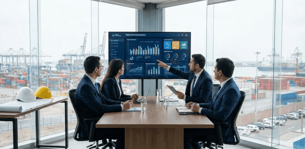 Gerentes analizando un plan de marketing B2B y métricas digitales en una sala de juntas con fondo industrial y portuario en Perú