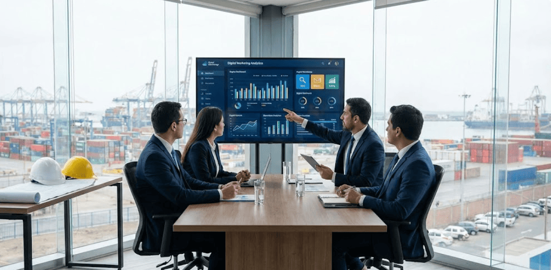 Gerentes analizando un plan de marketing B2B y métricas digitales en una sala de juntas con fondo industrial y portuario en Perú