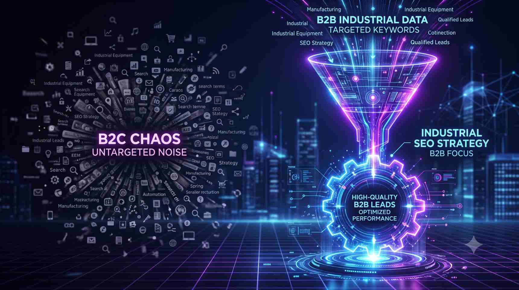 Ilustración de estrategia SEO industrial filtrando prospectos en un embudo de ventas B2B