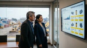 Gerente industrial y estratega SEO analizando métricas de crecimiento orgánico y ventas B2B de repuestos de maquinaria pesada.